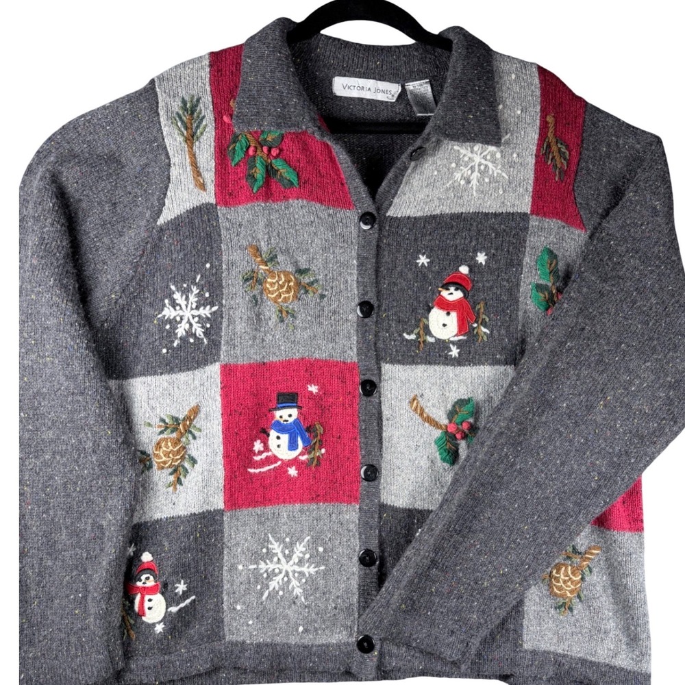 Victoria Jones Vintage Christmas Snowman Cardigan Sweater Gray Red Wool Blend XL
